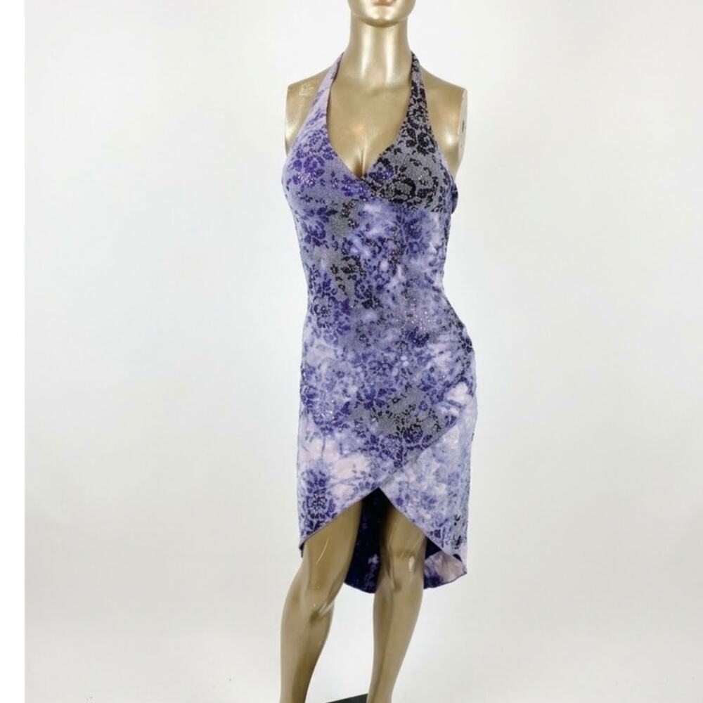 Vintage 90s Y2K Hourglass Purple Floral Glitter Halter Dress Asymmetrical Hem S